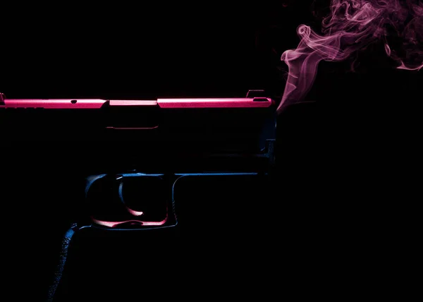 Smoking Hand Gun Red Blue Light — Stock Photo, Image