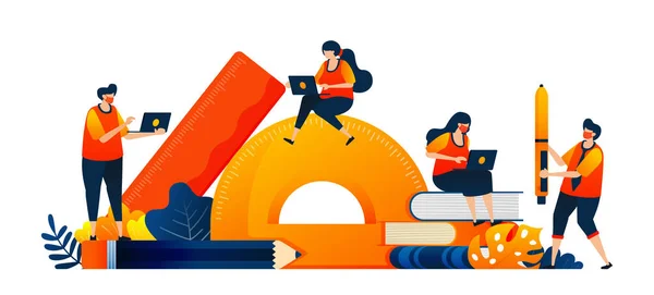 Öğrenciler okurken kırtasiyede otururlar. Sınıfta öğrenme ekipmanı. Vektör illüstrasyon kavramı iniş sayfası, şablon, ui ux, web, mobil uygulama, poster, pankart, web sitesi, broşür için kullanılabilir
