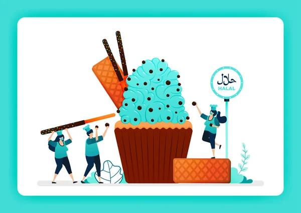 Illustration Alimentaire Cupcakes Halal Garniture Muffins Avec Crème Gaufres Pépites — Image vectorielle