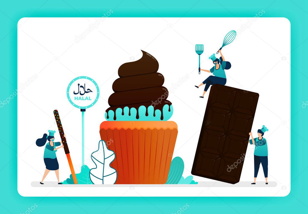 Illustration of cook halal sweet cupcakes and bakery. Muffin with melted sweet chocolate and cocoa topping. Design can use for website, web, landing page, banner, mobile apps, ui ux, poster, flyer