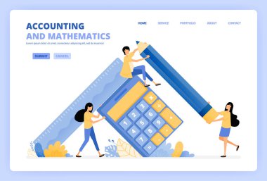 Muhasebe, finans ve matematik eğitimi çizimleri için hesap makineleri ve kalemler tutan insanlar. İniş sayfası şablonu için kullanılabilir uux web mobil uygulama poster afiş ilanları