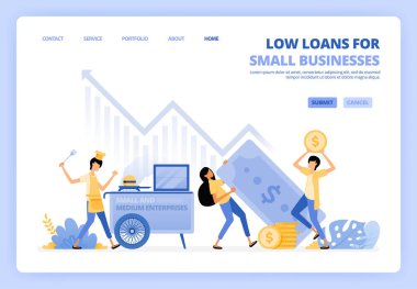 Girişimciler, sokak satıcıları, küçük işletmeler için düşük faizli krediler. Borç finansmanı küçük şirketlerin gelişmesine yardımcı olur. İniş sayfası şablonu için kullanılabilir uux web mobil uygulama poster afiş ilanları