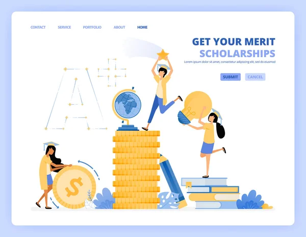 Öğrenciler eğitim burslarını resmetmek ve gelecekteki hayallerine ulaşmak için bir tomar parayla yıldız yakalıyorlar. İniş sayfası şablonu için kullanılabilir uux web mobil uygulama poster afiş ilanları