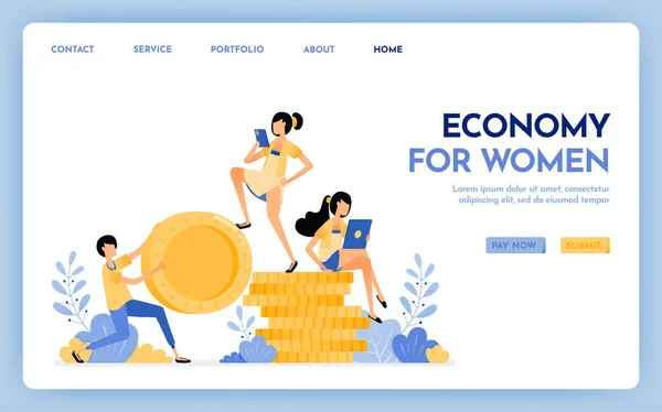 Illustration of economy for women. Men hold money and women sit on money for anti-patriarchy economy, finance, investment and banking. Design concept for banner, landing page, web, website, poster, ui