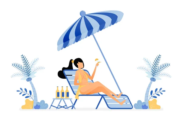 Felice Illustrazione Vacanza Prendere Sole Donne Siedono Sulla Spiaggia Bere — Vettoriale Stock