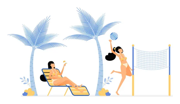 Щасливі Ілюстрації Відпустки Жінок Розслабляються Насолоджуватися Відпочинком Пляжі Лежачи Під — стоковий вектор