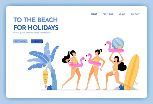 Sitio Web Viajes Con Tema Playa Vacaciones Mujeres Con Bikini — Vector de stock