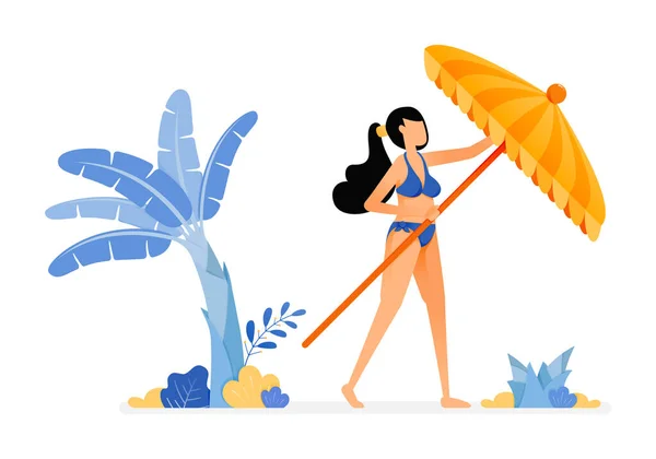 Ilustrasi Liburan Wanita Mencoba Untuk Membuka Payung Pantai Dan Bersantai - Stok Vektor