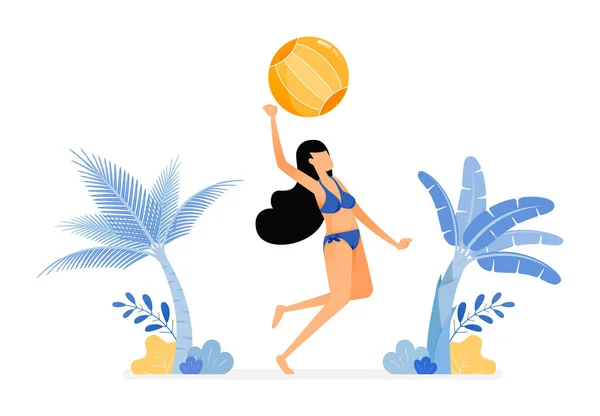 Urlaubsbilder Von Frauen Sexy Badeanzügen Springen Auf Einen Volleyball Strandnähe — Stockvektor