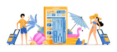 İnsanlar yaz tatili için tropik ülkelere uçak biletlerini seçiyorlar. Uçak bileti almak için mobil uygulamalar. İniş sayfası, afiş, web sitesi, ağ, poster, broşür için resim kullanılabilir