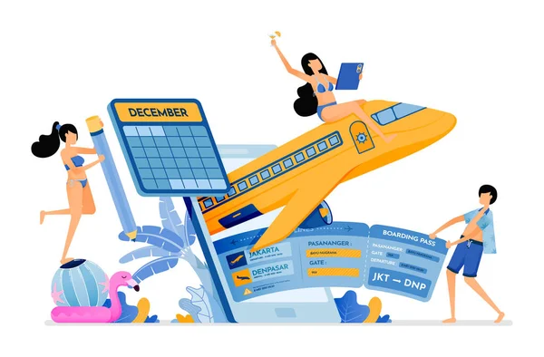 Orang Orang Membeli Tiket Penerbangan Bali Dengan Aplikasi Mobile Agen - Stok Vektor