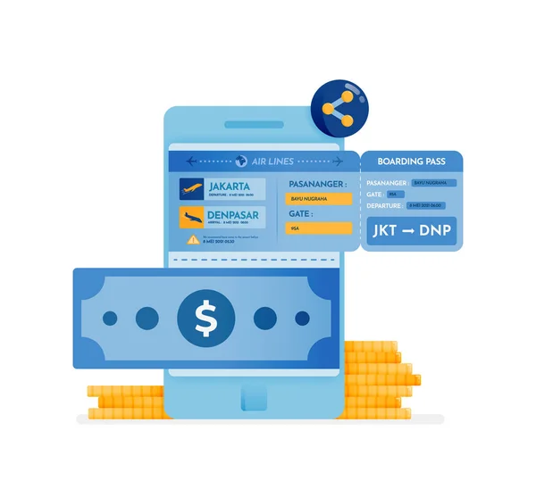 Ikon Desain Uang Transfer Bank Seluler Dan Membeli Tiket Pesawat - Stok Vektor