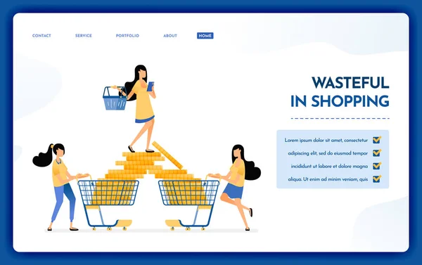 Landing Page Ilustración Derroche Compras Gente Gusta Gastar Mucho Más — Vector de stock