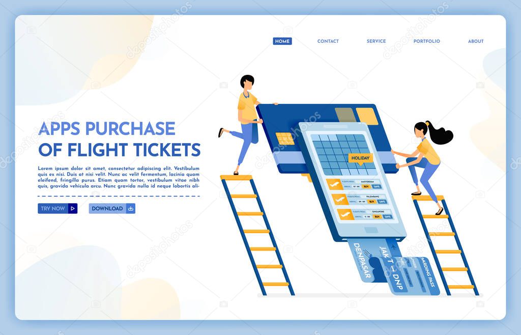 Landing page illustration of apps purchase of flight ticket. people buy plane tickets for holidays with travel agencies mobile app. Vector design can also be used for website, web, flyer, posters