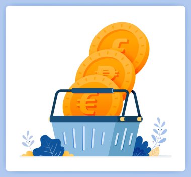 Döviz alım ve satım paralarının vektör çizimi. Ortak fon alışverişi. Vektör illüstrasyon seti beyaz arkaplanda izole edildi ve iniş sayfaları, web sitesi, poster, mobil uygulamalar için olabilir