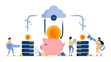 Müşteri kişisel verilerini ve fonlarını korumak için veritabanı tasarımı ve bulut bankacılık güvenlik sistemi teknolojisi. İllüstrasyon web siteleri, posterler, afişler, mobil uygulamalar, web, sosyal medya için olabilir