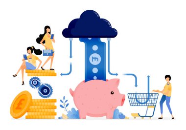 Alışveriş, tasarruf ve işlemler için finansal sistemin vektör tasarımı. Banka veri akışı için bulut teknolojisi. İllüstrasyon web siteleri, posterler, afişler, mobil uygulamalar, web, sosyal medya, reklamlar için olabilir