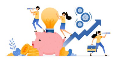 Gelecekteki yatırımları artırmak için fikir kaydetme vektör tasarımı. Domuz kumbarası ampulü. Finansal bankacılık yeniliği. İllüstrasyon web siteleri, posterler, afişler, mobil uygulamalar, web, sosyal medya için olabilir