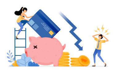 Borç ve kredilerin Vektör Tasarımı. Kredi kartı gecikmeli ödemelerinde tasarruf varlıklarında azalma. Ekonomik kriz. İllüstrasyon web siteleri, posterler, afişler, mobil uygulamalar, web, sosyal medya için olabilir