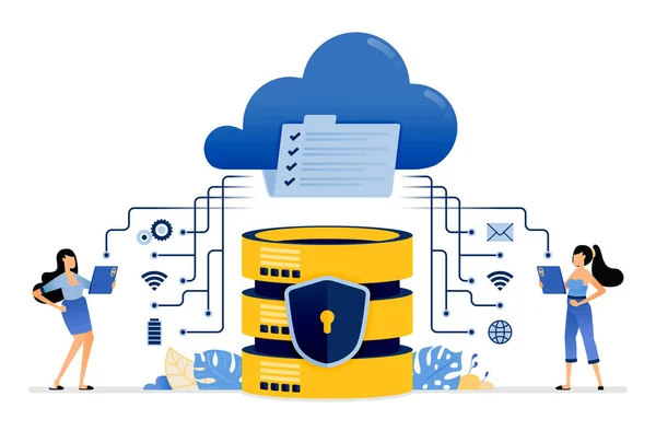 Ilustrace Sdílení Komunikace Dat Cloudovými Službami Integrovanými Zabezpečeného Databázového Systému — Stockový vektor