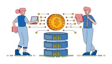 Verimli bankacılık erişimi ve düzgün dijital yatırım işlemleri vektör karikatürü için güvenli ağlara bağlı finansal veritabanları. Çizgi film, web sitesi, pankart, brosur, flayer için kullanılabilir