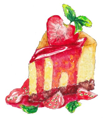 El yapımı suluboya tatlı. Bir parça çilekli kek.