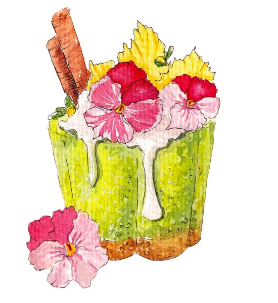 Acuarela Dibujada Mano Sabroso Postre Cupcake Con Flor Rosa — Foto de Stock