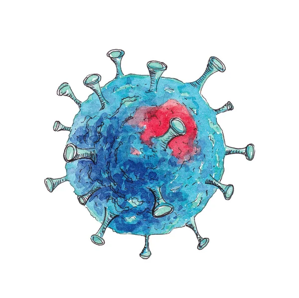 Molécula de aquarela desenhada à mão Coronavirus COVID sobre um fundo branco — Fotografia de Stock