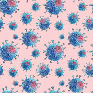 Elle çizilmiş suluboya, tıpla kusursuz kare desen. Coronavirus COVID-19