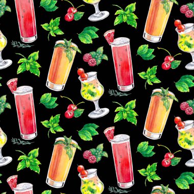 İçkiyle el çizimi suluboya deseni. Kokteyl, mojito, nane ve çilek.