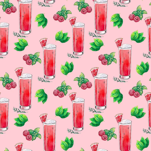 Hand drawn watercolor pattern with drink. Cocktail, mint and berry