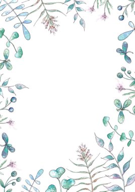 El çizimi suluboya dallı botanik çerçeve. Düğün Davetiyesi.