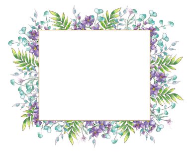 Çiçek ve dallarla el çizimi suluboya botanik çerçeve