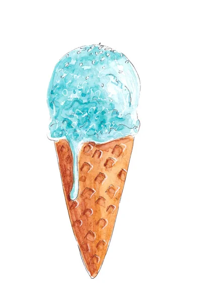 Hand drawn watercolor tasty blue Ice cream cone — Stock Photo, Image