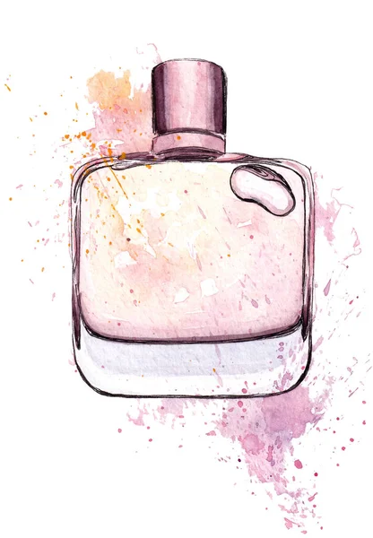 Handgetekende aquarel Fles parfum, parfum — Stockfoto