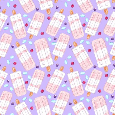 Elle çizilmiş suluboya kusursuz yaz desenli dondurma.