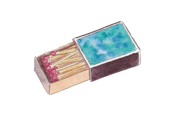 Hand Drawn Watercolor Box Matches Flammable Isolated Object Intended Ignition — Stock Photo, Image