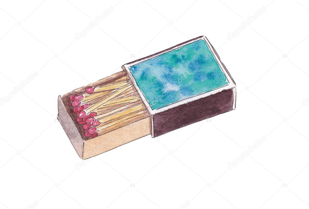 Hand drawn watercolor box of matches. Flammable isolated object is intended for ignition of fire