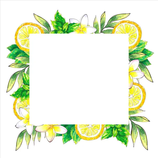 Рука намальована акварельна літня ботанічна рамка з лимоном і гілками — стокове фото