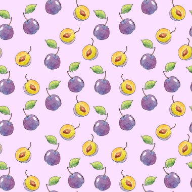 Elle çizilmiş suluboya kusursuz desenli, doğal olgun meyveli erik...