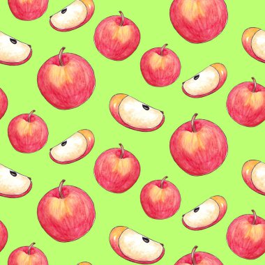 Elle çizilmiş suluboya kusursuz desenli doğal olgun meyveli - elma