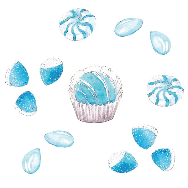 Ręcznie Rysowane Akwarela Niebieski Mini Zestaw Słodyczy Cukierków — Zdjęcie stockowe