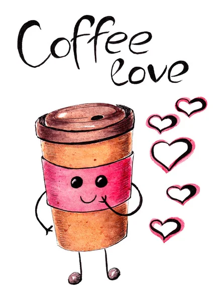 Handgezeichnete Aquarelltasse Mit Kaffee Schrift Mit Herzsymbolen — Stockfoto