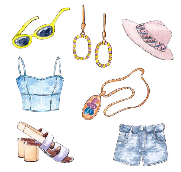 Handgezeichnete Aquarell-Set von Mode Sommer Frauen Accessoires — Stockfoto
