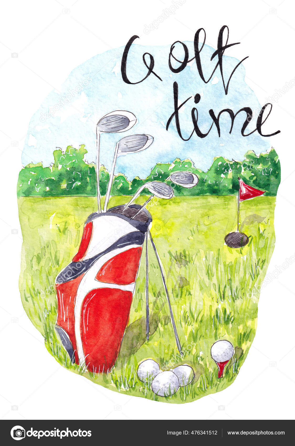 Hand drawn watercolor Golf club and balls in a bag. Lettering Golf Time