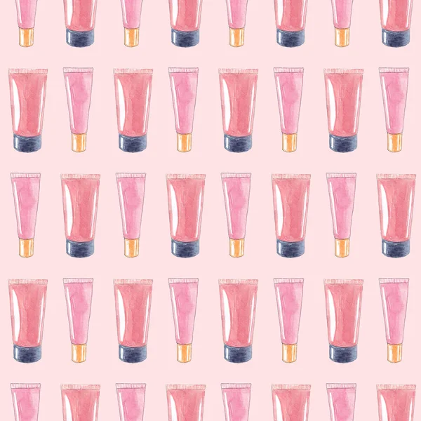Ручной рисунок акварели бесшовный узор с косметическими продуктами. Розовый крем — стоковое фото