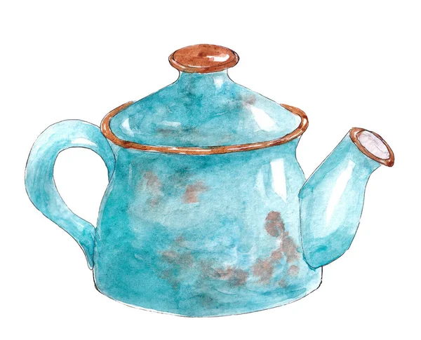 Hand drawn watercolor kitchen utensils. Blue teapot — Stock Photo, Image