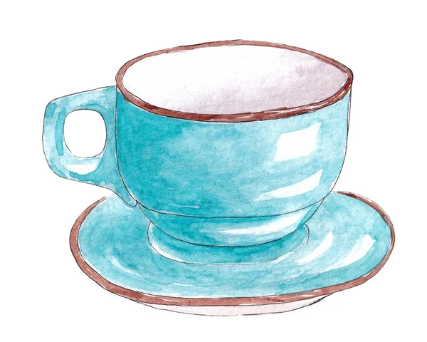 Kézzel rajzolt akvarell konyhai eszközök. Kék csésze — Stock Fotó