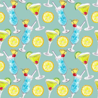 Hand drawn watercolor summer seamless pattern with a tropical cocktails