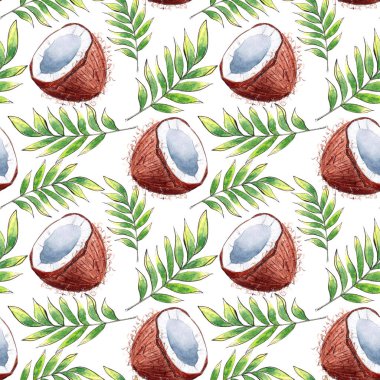 Hand drawn watercolor seamless pattern with Coconut and tropical leaves